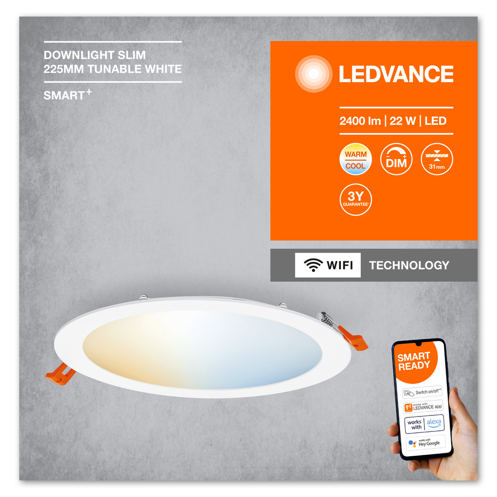 Ledvance LED-Einbau-Downlight mit integriertem Treiber TW und dimmbar SMART WIFI DL SLIM 225MM TW WT – 4058075573277