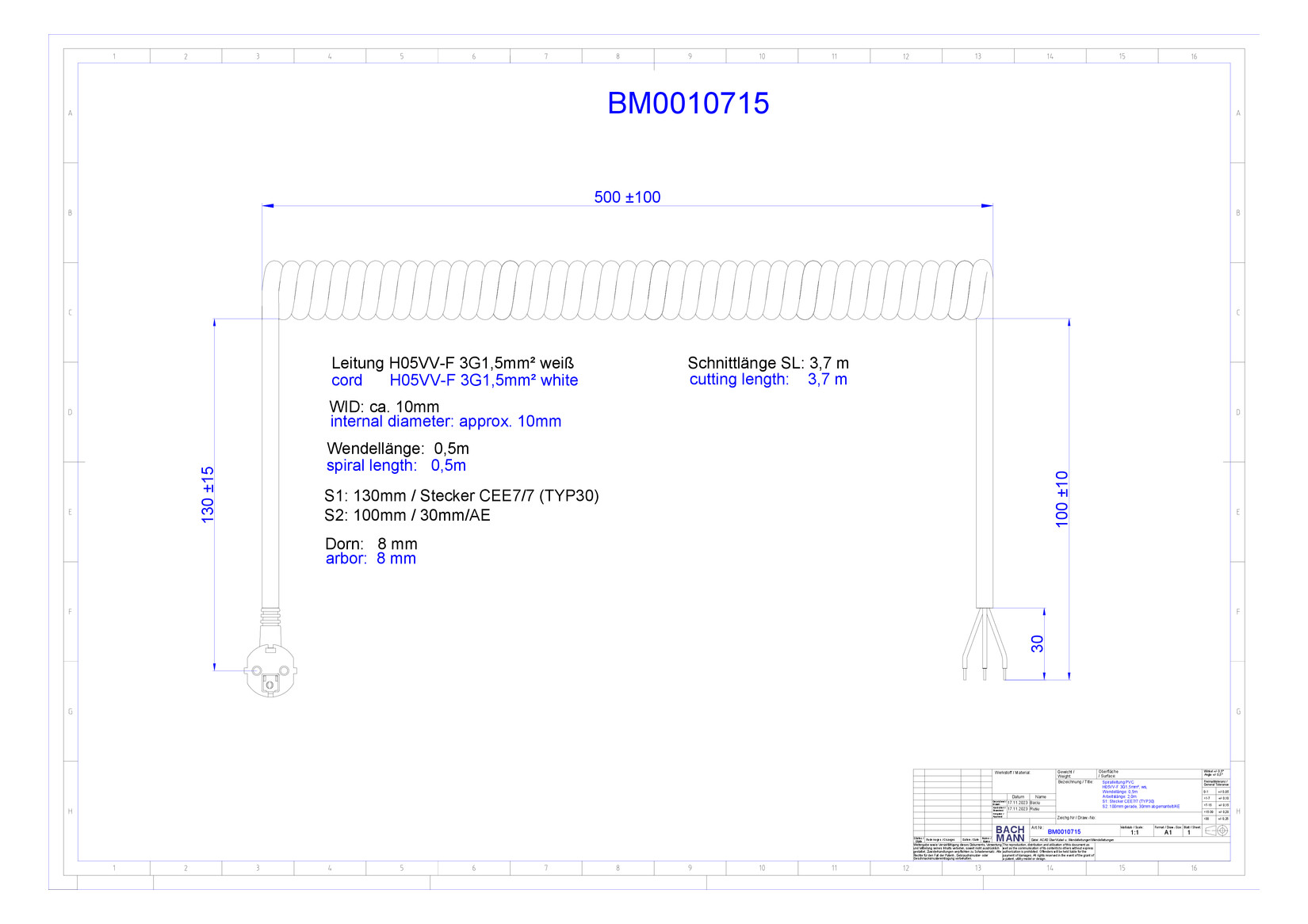 Bachmann Spiralleitung H05VV-F 3G 1,5qmm L:0,5m ws BM0010715