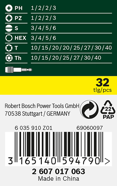 Bosch Power Tools Schrauberbit-Set mit Farbcodierung 2607017063