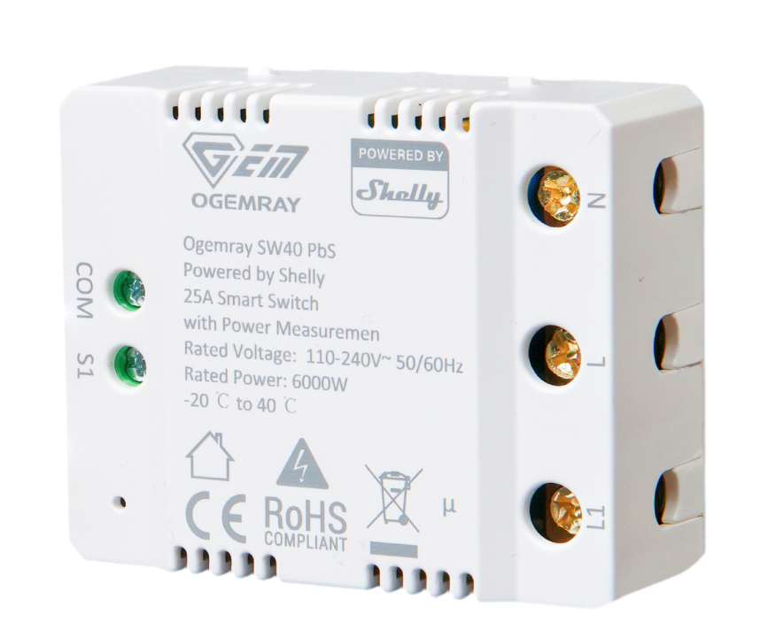 Shelly PbS Ogemray Smart Relay 25A Großgeräte Relais max. 25A Messfunktion WLAN LAN BT SW40-25A-Relay-PbS