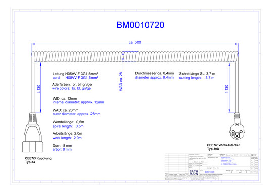 Bachmann Spiralleitung H05VV-F 3G1,5qmm L:0,5m ws BM0010720