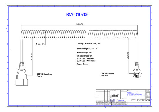 Bachmann Spiralleitung H05VV-F 3G1,5qmm L: 4,0m sw BM0010706
