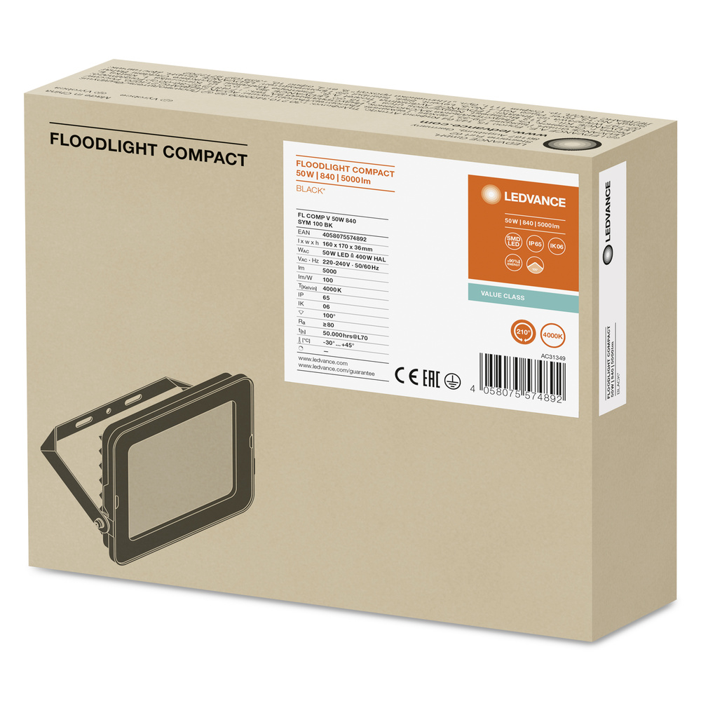 Ledvance LED floodlight FLOODLIGHT COMPACT 50W 840 SYM 100 BK - 4058075574892