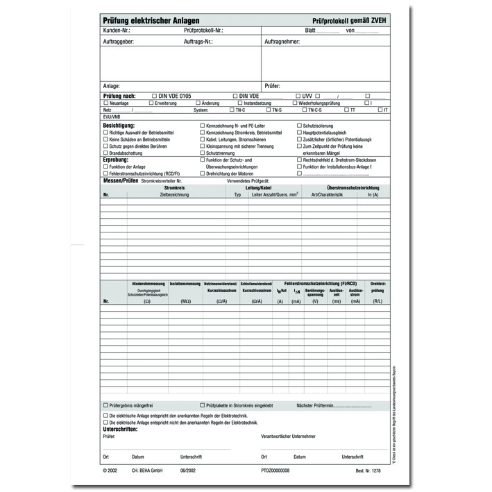 Beha-Amprobe Prüfprotokollblock nach DIN VDE 0100 FTC00001278D