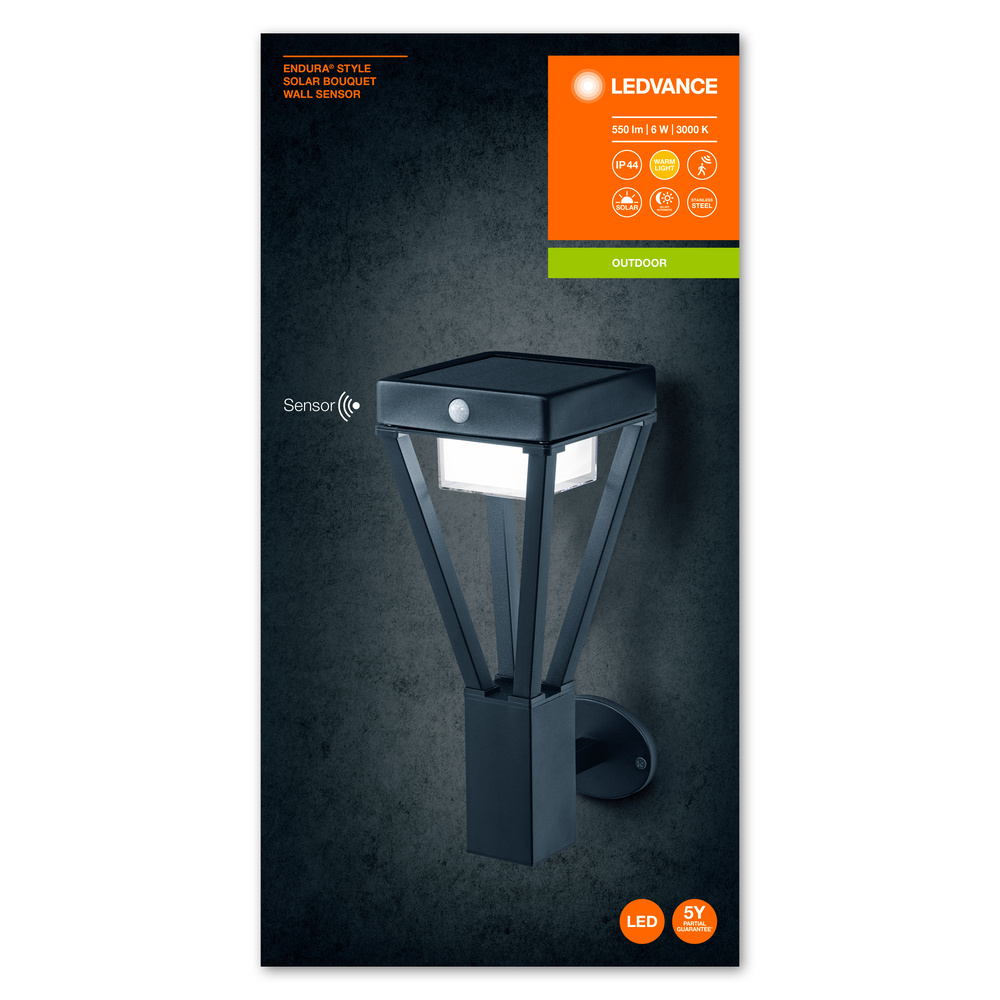 Ledvance LED-Außenleuchte Wand- und Pollerleuchte mit Solar und Sensor ENDURA STYLE SOL BOUQUET WALLSEN BK  – 4058075564541