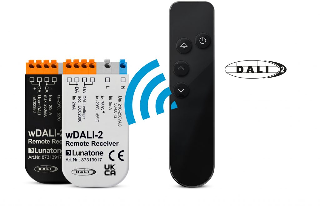 Lunatone wDALI-2 Extra Long Range Remote, buttons with symbols, with paired Receiver PS 20mA - 87313951-L01+R-PS