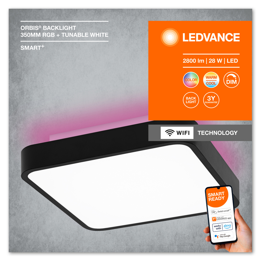 Ledvance LED-Deckenleuchte mit Haupt- und Hintergrundbeleuchtung TW RGB und dimmbar SMART WIFI ORBIS SQ BL 350 RGBTW BK  – 4058075572874
