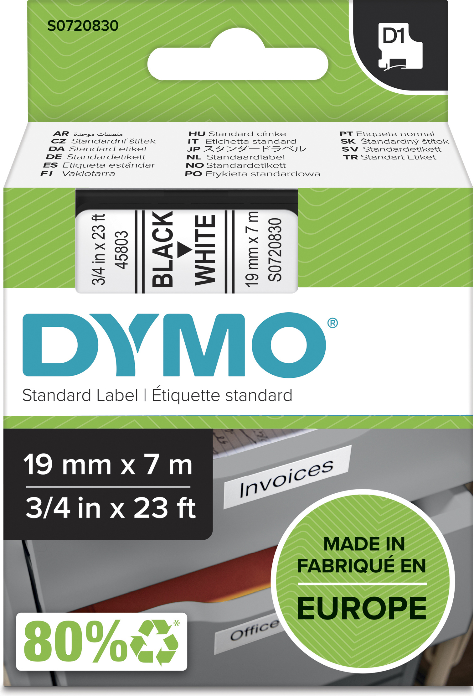 Newell Brands D1 Schriftband 19mm/7m schwarz auf weiß 45803