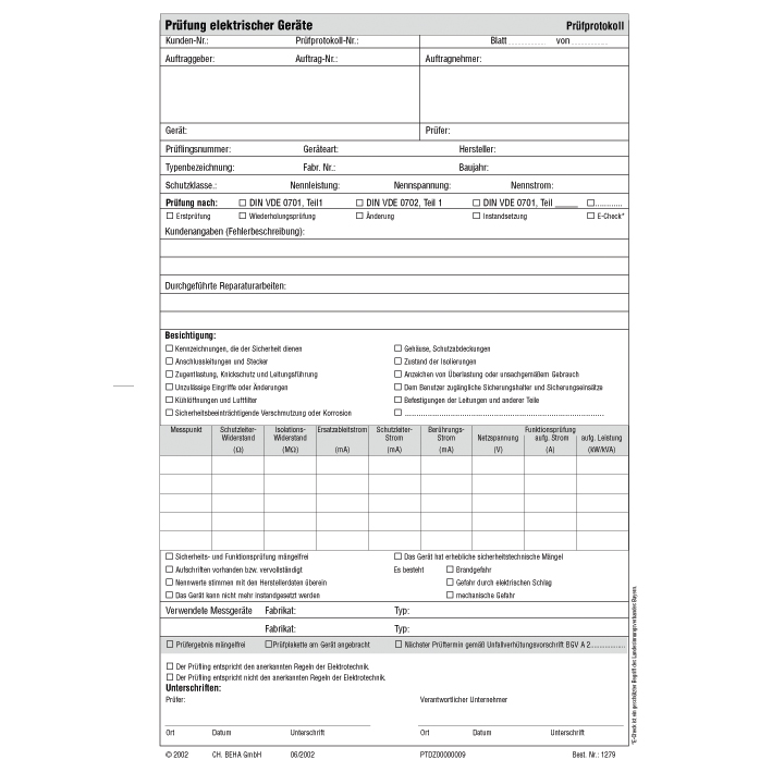 Beha-Amprobe Prüfprotokollblock für 0701/0702 FTC00001279D