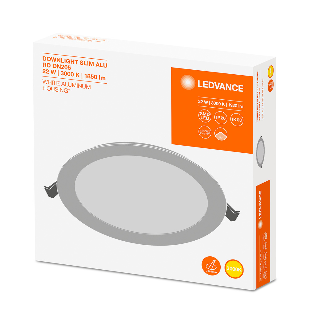 Ledvance LED-Downlight DOWNLIGHT SLIM ALU 205 22 W 3000 K WT - 4058075064003