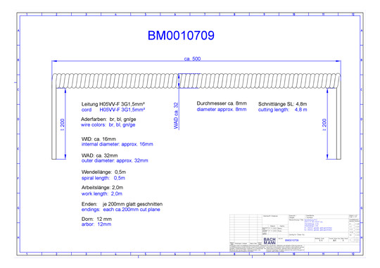 Bachmann Spiralleitung H05VV-F 3G 1,5qmm L:0,5m ws BM0010709