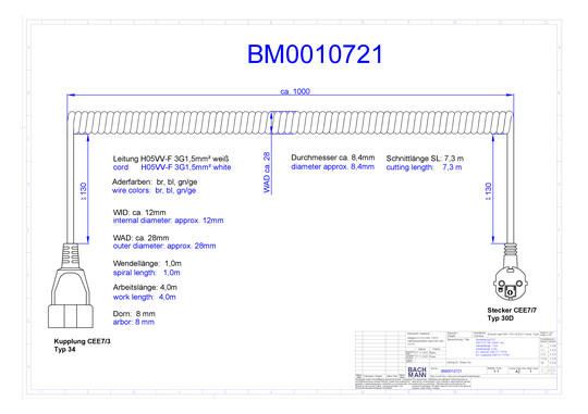 Bachmann Spiralleitung H05VV-F 3G1,5qmm L: 4,0m ws BM0010721