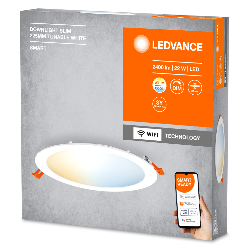 Ledvance LED-Einbau-Downlight mit integriertem Treiber TW und dimmbar SMART WIFI DL SLIM 225MM TW WT – 4058075573277