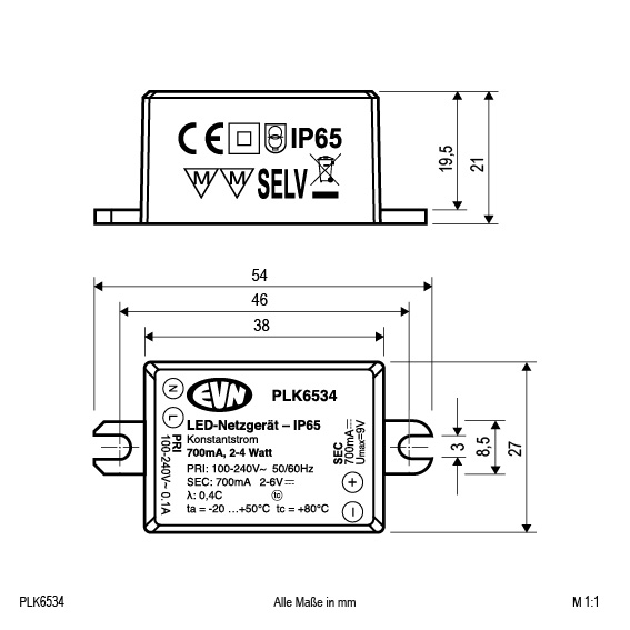 EVN Lichttechnik P-LED Netzgerät IP65 700mA 2-4W PLK6534