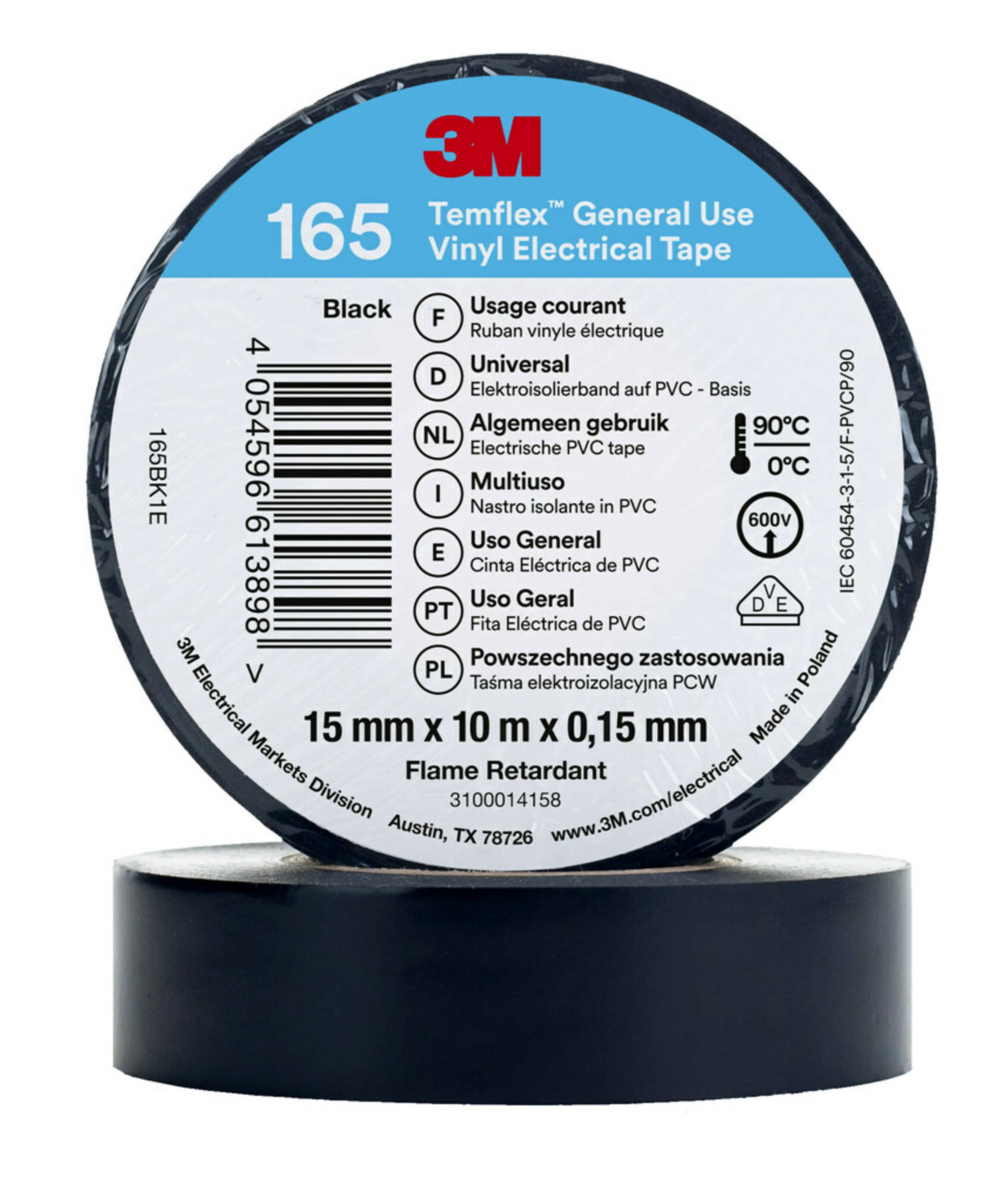3M Deutschland PVC Elektro-Isolierband 165BK1E Temflex165 sw15X10 - 7100184723 3M Deutschland PVC Elektro-Isolierband 165BK1E Temflex165 sw15X10 - 7100184723