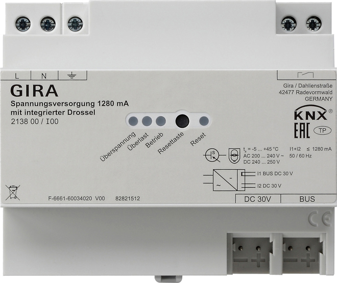Gira KNX-Spannungsversorgung 1280mA Drossel REG 213800 Gira KNX-Spannungsversorgung 1280mA Drossel REG 213800