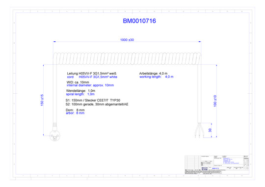 Bachmann Spiralleitung H05VV-F 3G1,5qmm L:1,0m ws BM0010716